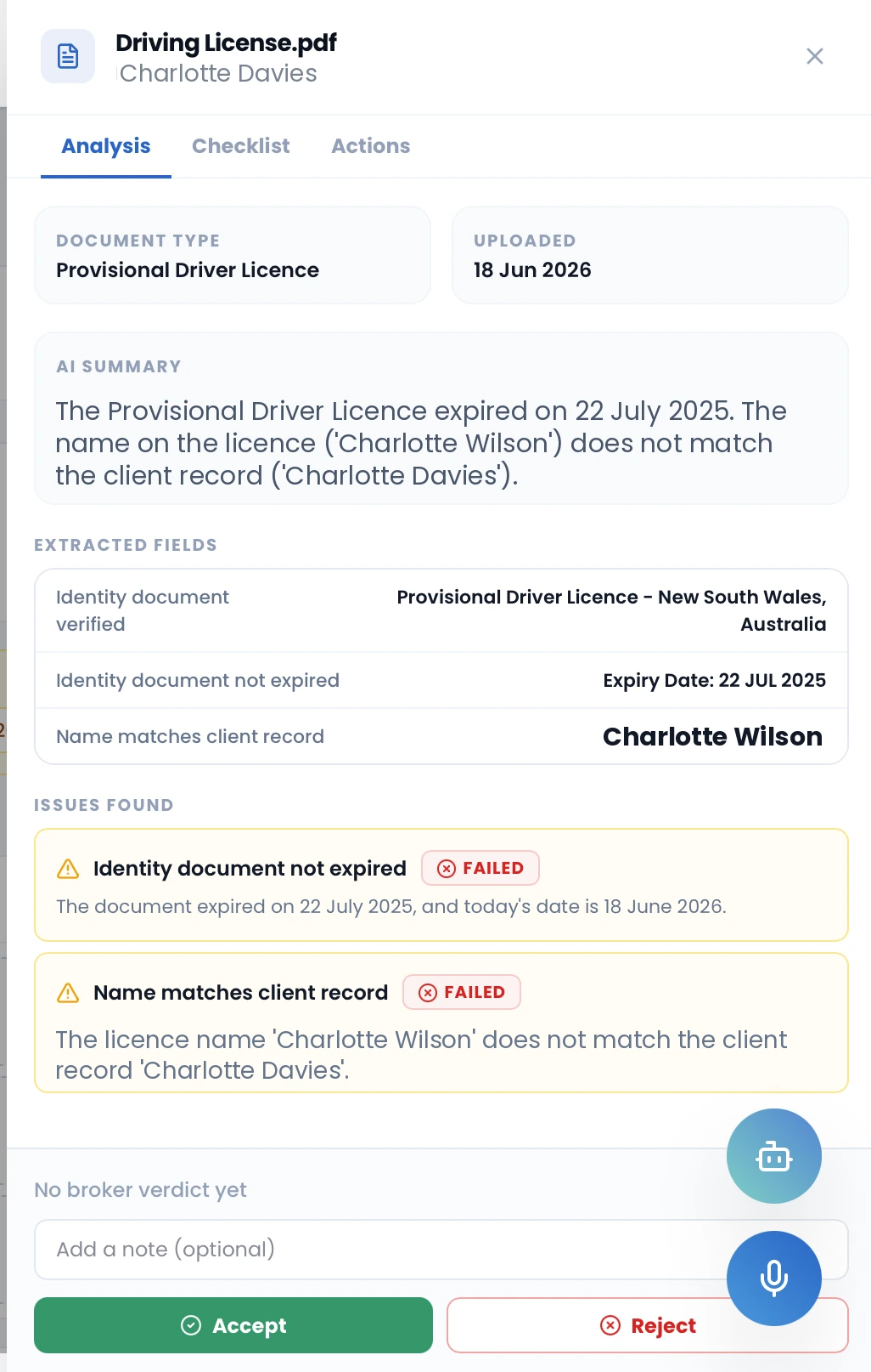 BizMyte document analysis showing a provisional driver licence flagged as expired with a name mismatch, and Accept or Reject actions