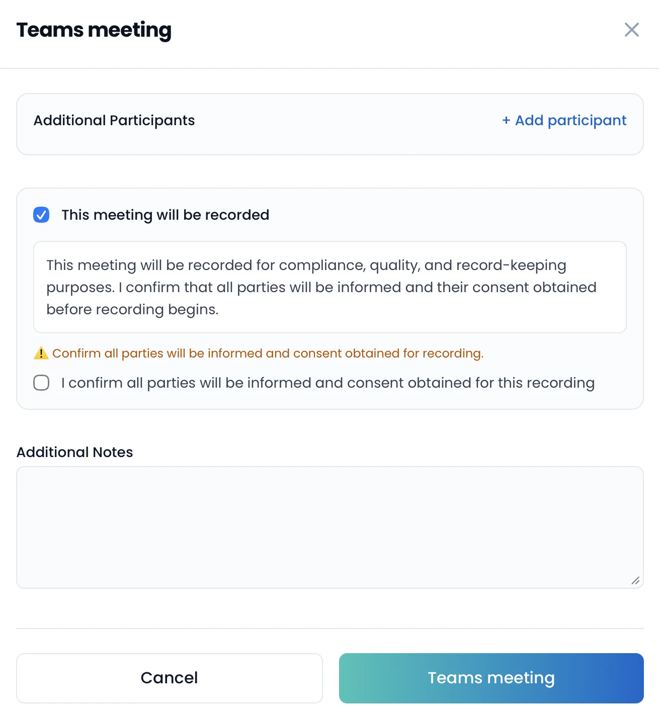 BizMyte consent capture in a Teams meeting dialog confirming all parties are informed and consent is obtained before recording
